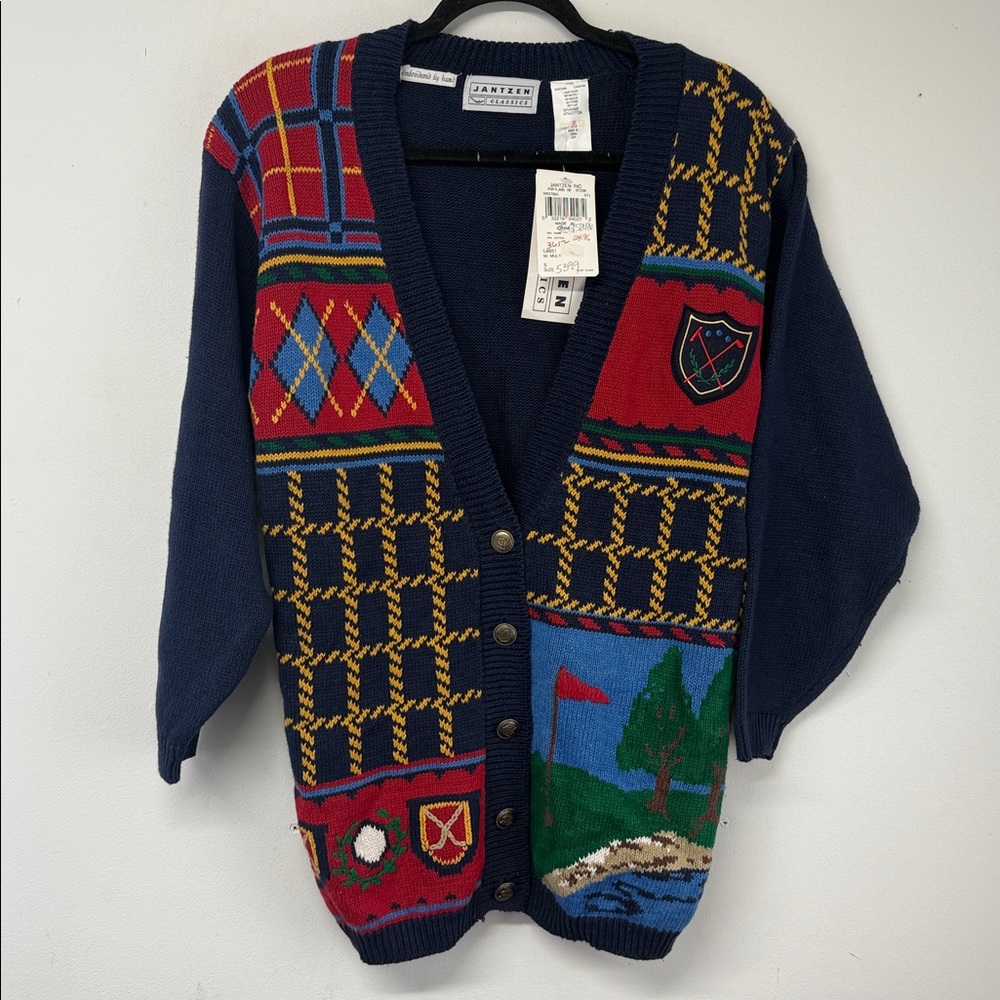 Jantzen VINTAGE Navy Blue GOLF Hand Knit Sweater size small with tags